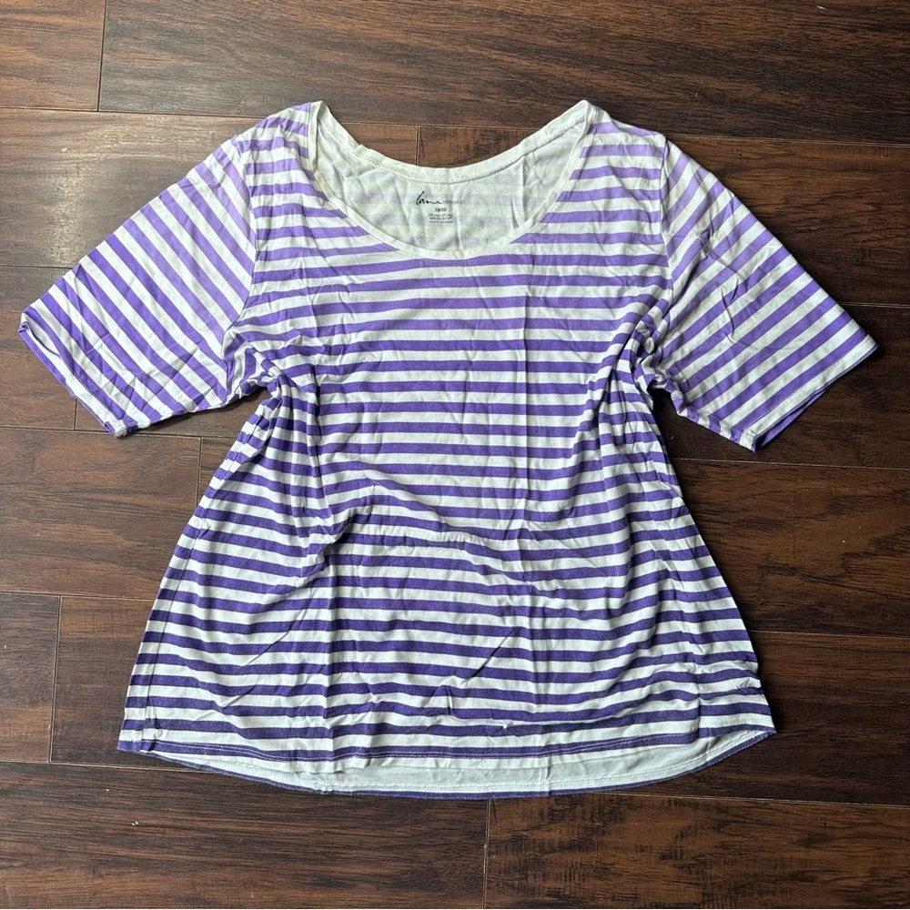 Lane Bryant Cotton Purple Striped Short Sleeve T Shirt